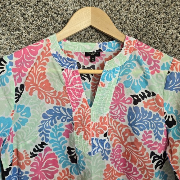 Talbots Top Womens‎ SP Petite Small Pink Blue Semi Sheer V Neck Floral Blouse - Picture 4 of 7